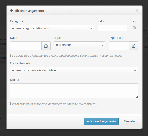 Modal Adicionar Lançamento